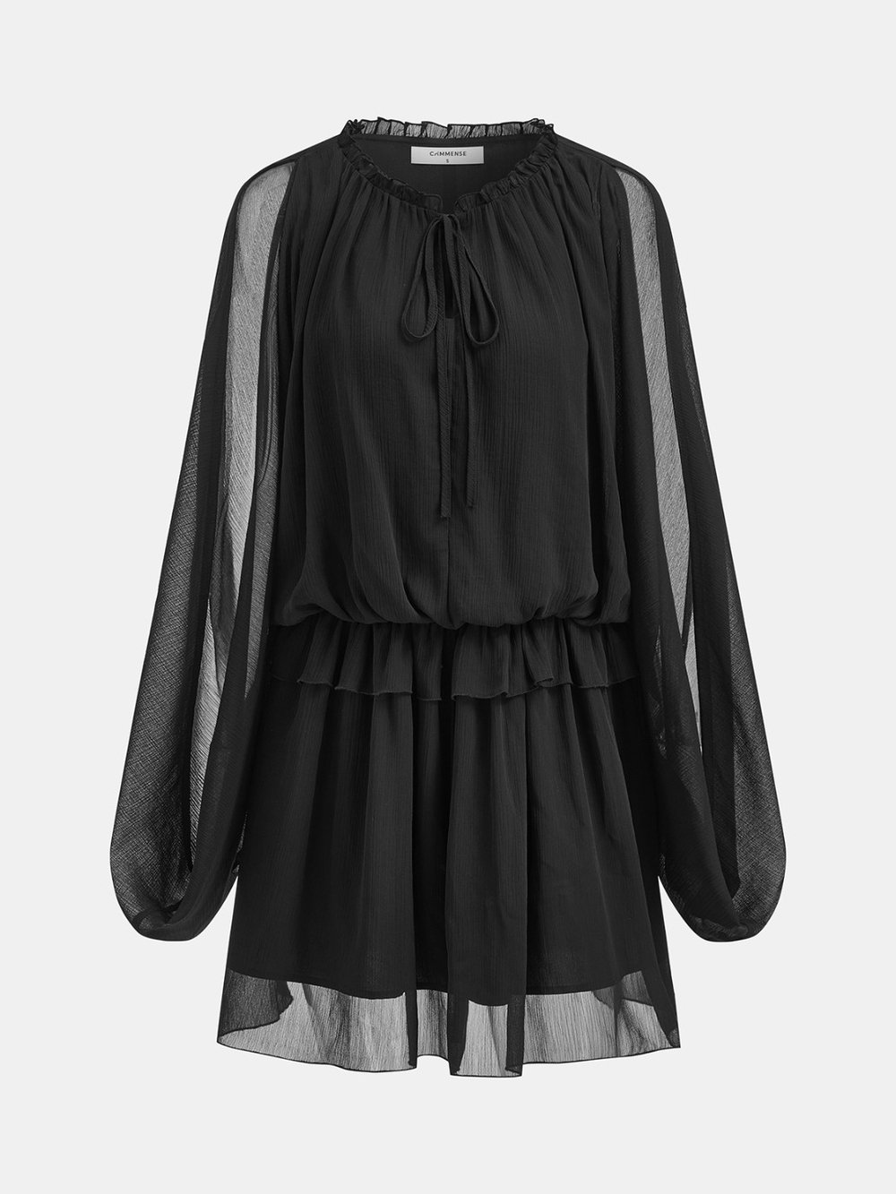 Commense Black Sheer Long-Sleeve Ruffle Mini Dress